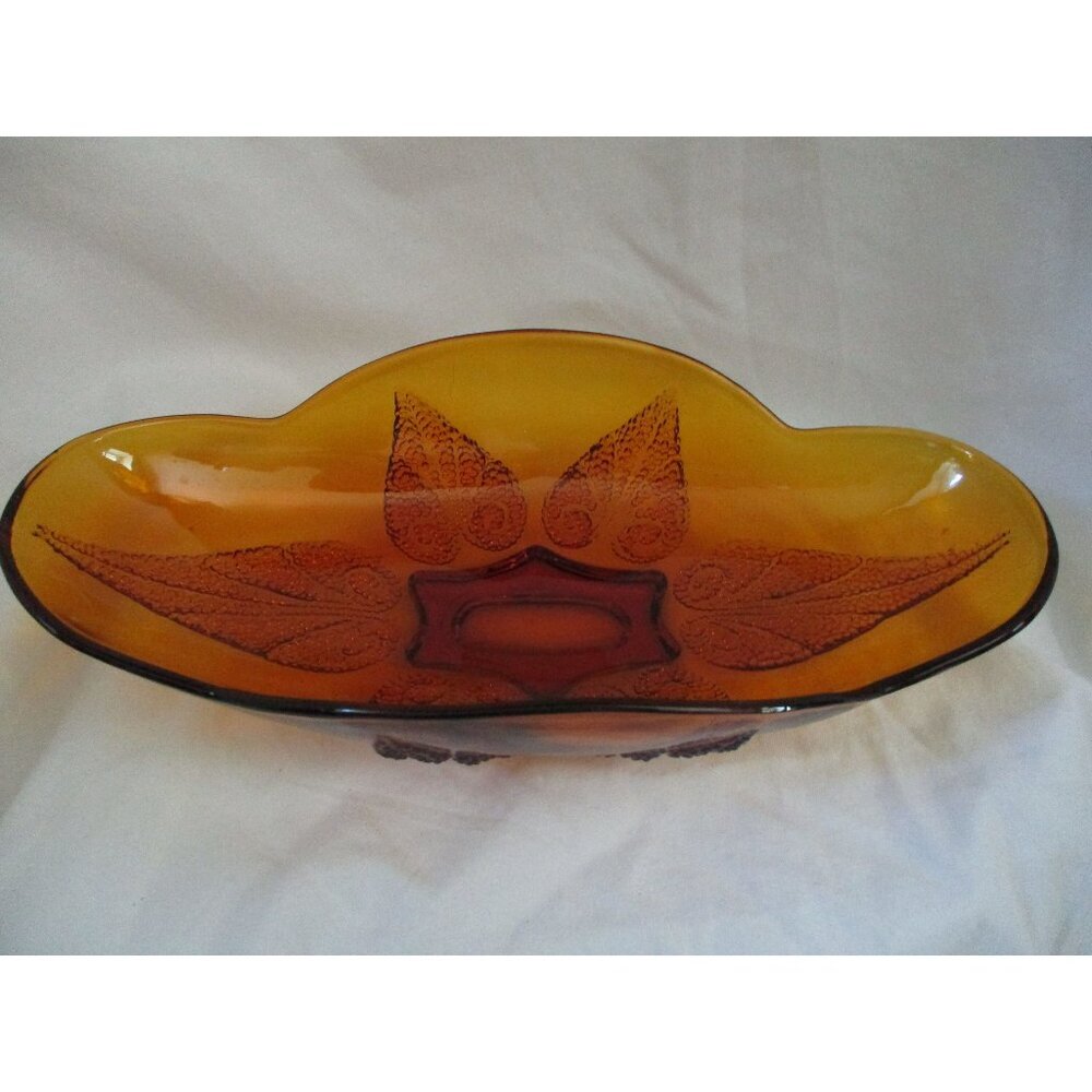 Candy Dish Indiana‎ Glass Deep Amber Leaf Relish oblong vntg trinket mid century